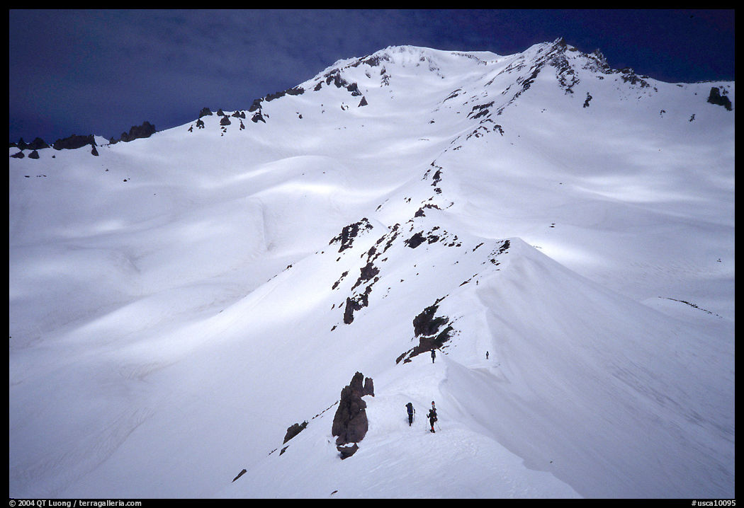 Mount Shasta with climbers on Green Ridge. California, USA