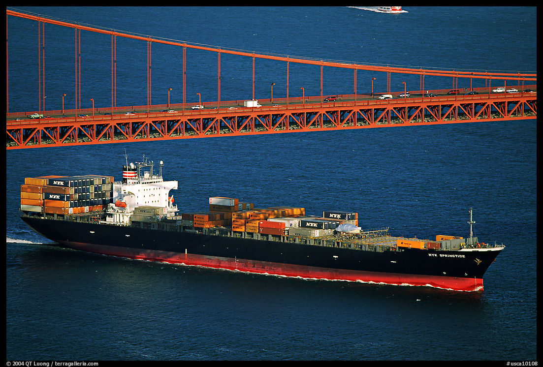 Container ship cruising under the Golden Gate Bridge. San Francisco, California, USA