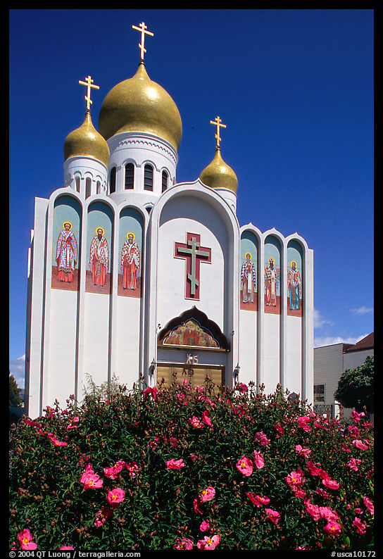 Russian Orthodox Cathedral with a foreground of flowers. San Francisco, California, USA