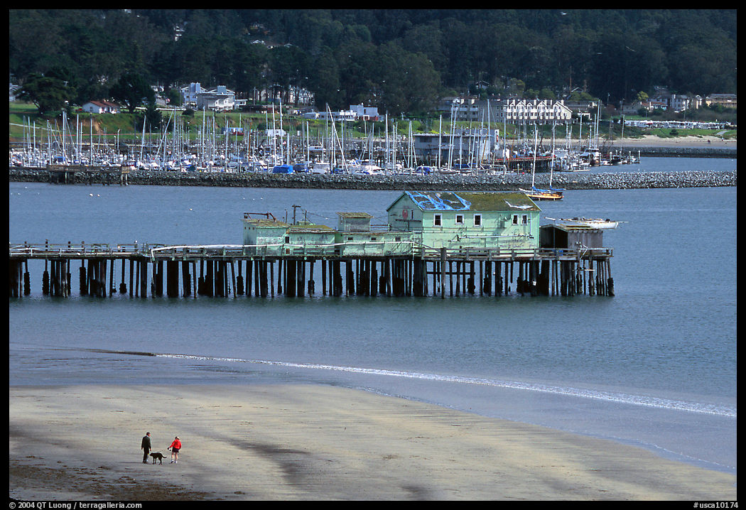 Couple on the beach and pier, Pillar Point Harbor, Half-Moon Bay. Half Moon Bay, California, USA