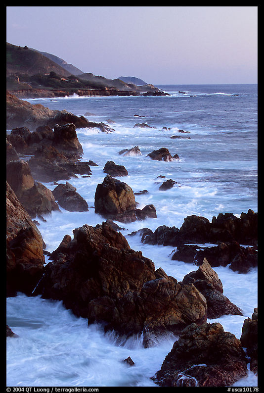 Coastline with pointed rocks and surf, sunset, Garapata State Park. Big Sur, California, USA
