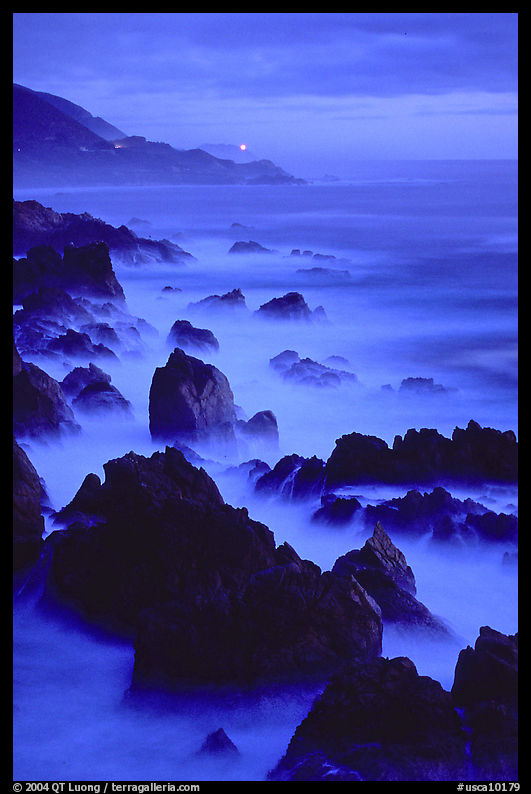 Rocks and surf at Blue hour, dusk, Garapata State Park. Big Sur, California, USA