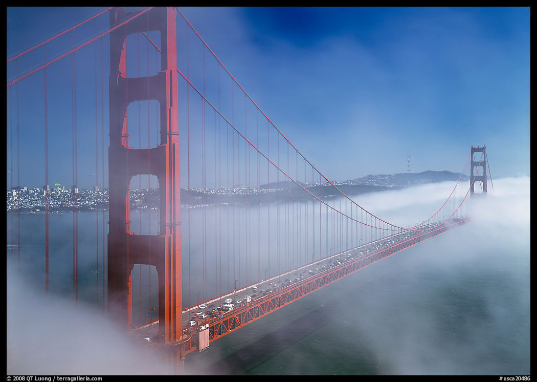 Golden Gate Bridge in Fog seen from Battery Spencer. San Francisco, California, USA