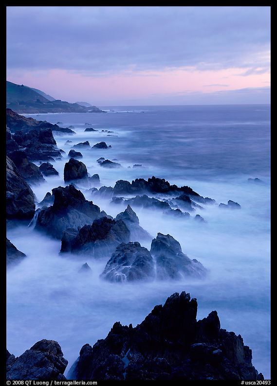 Rocks and surf near Rocky Cny Bridge, Garapata State Park, dusk. Big Sur, California, USA