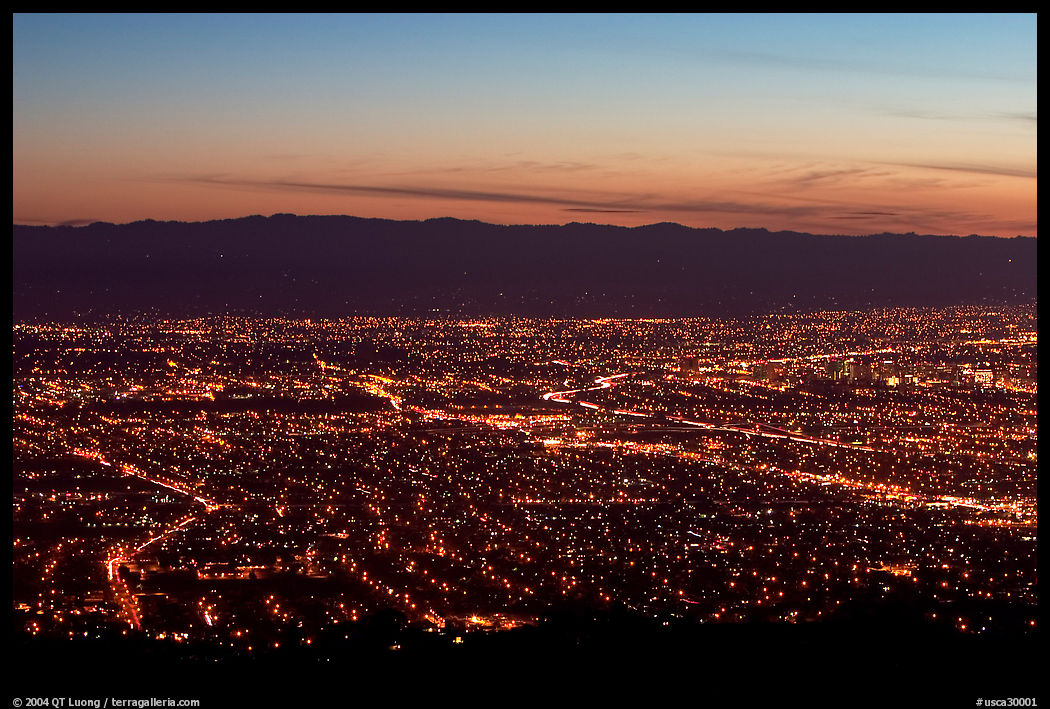 Lights of Silicon Valley at dusk. San Jose, California, USA