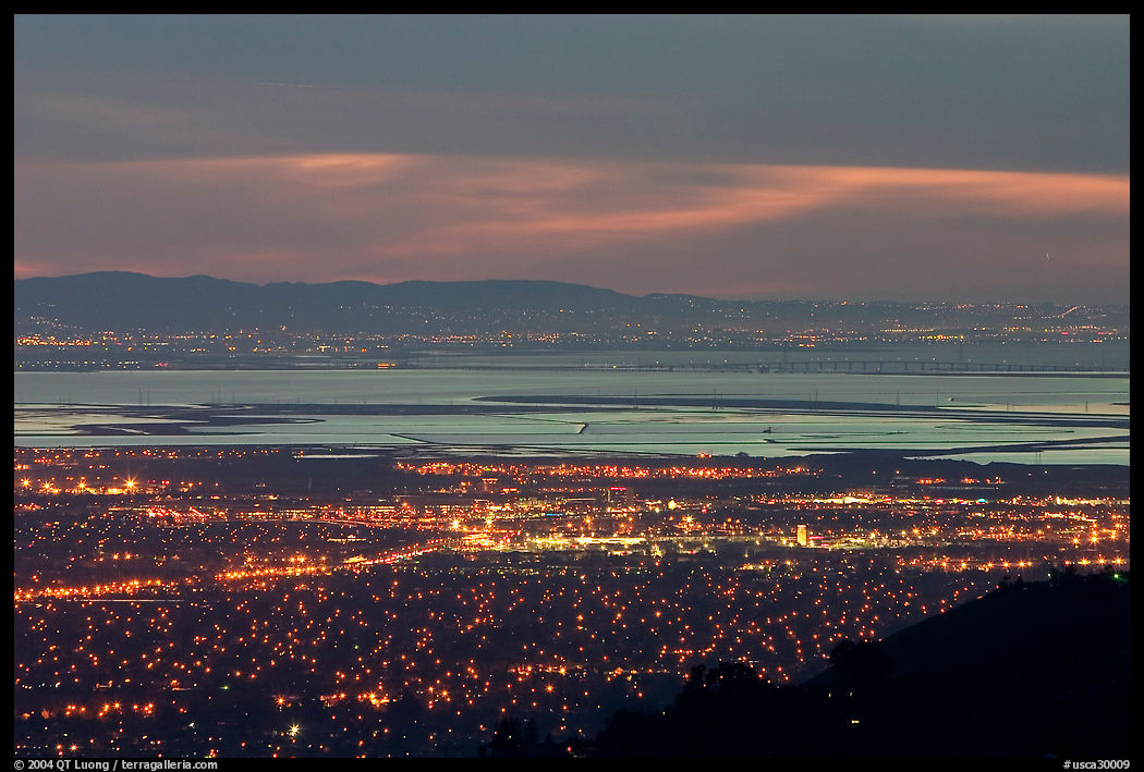 South end of the Bay with city lights at dusk. San Jose, California, USA