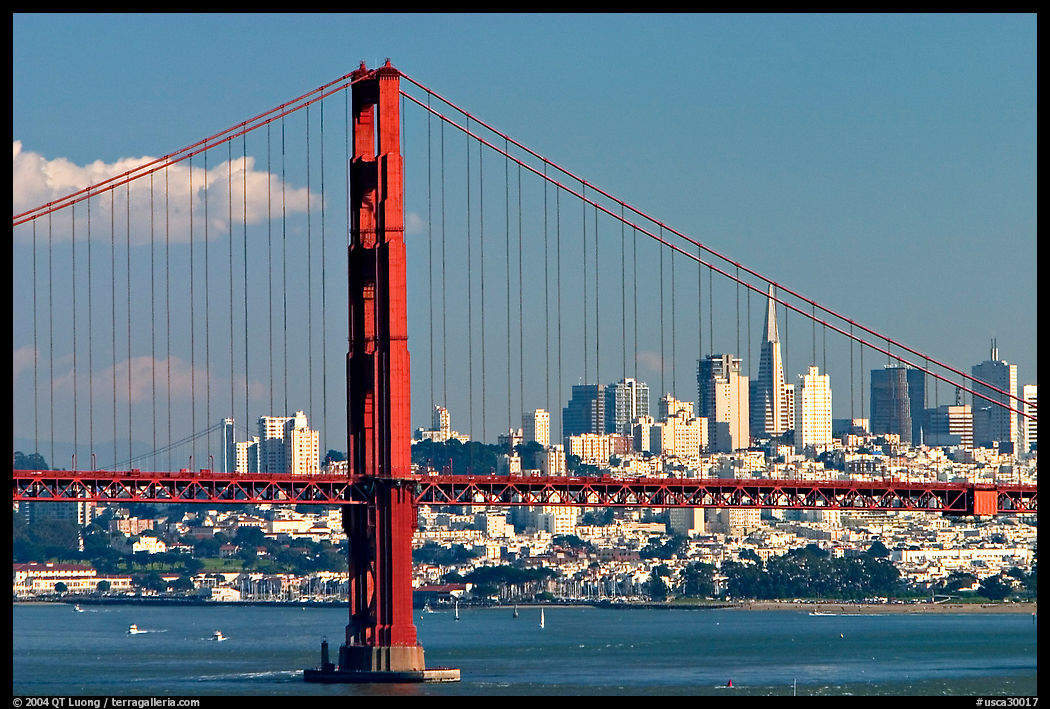 Golden Gate Bridge with city skyline, afternoon. San Francisco, California, USA