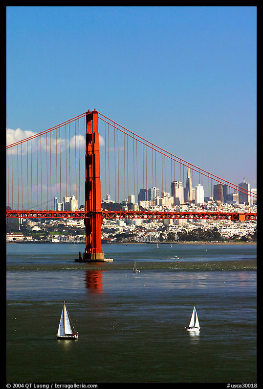 Sailboats, Golden Gate Bridge with city skyline, afternoon. San Francisco, California, USA