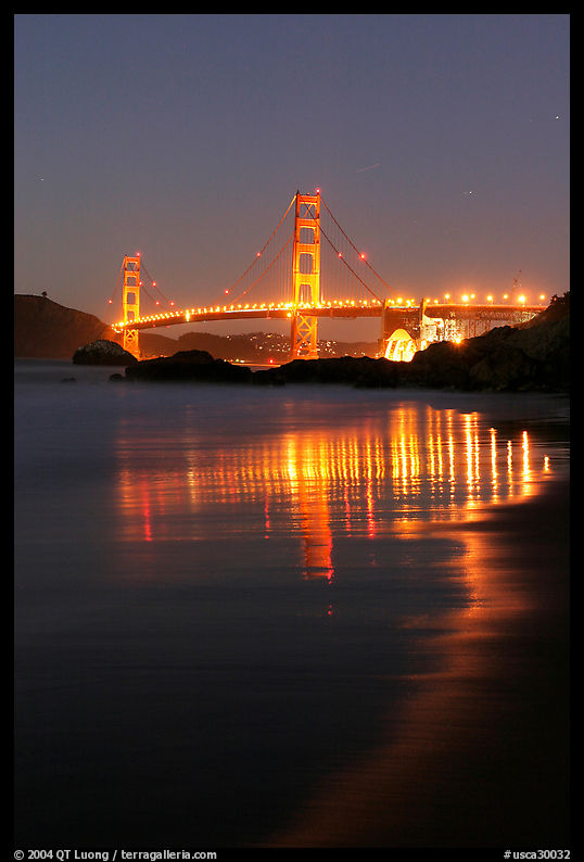 Golden Gate bridge at night from Baker Beach. San Francisco, California, USA