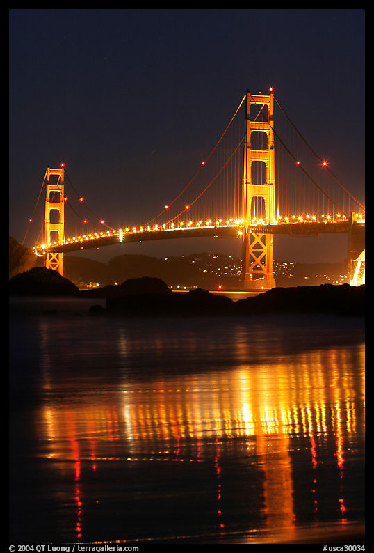 Golden Gate bridge at night from Baker Beach. San Francisco, California, USA