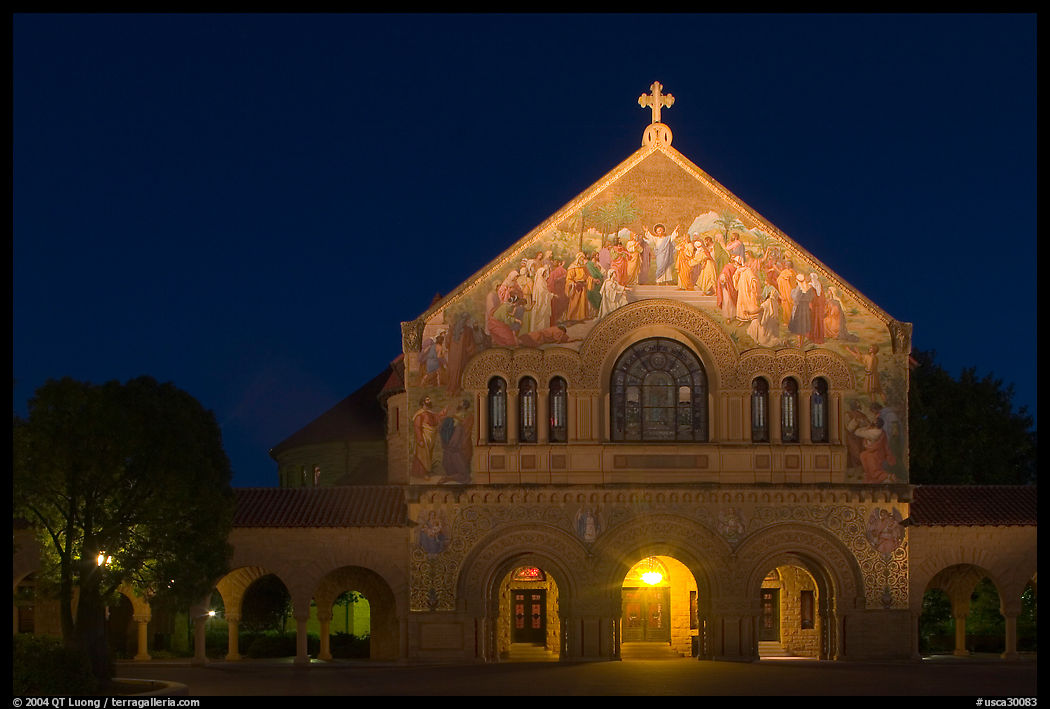 Memorial church at night. Stanford University, SF Bay area, California, USA