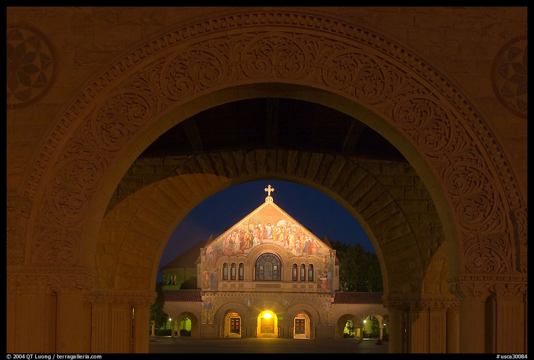Quad and Memorial church at night. Stanford University, SF Bay area, California, USA