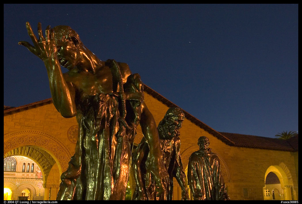 Burghers of Calais by Rodin in the Quad at night. Stanford University, SF Bay area, California, USA