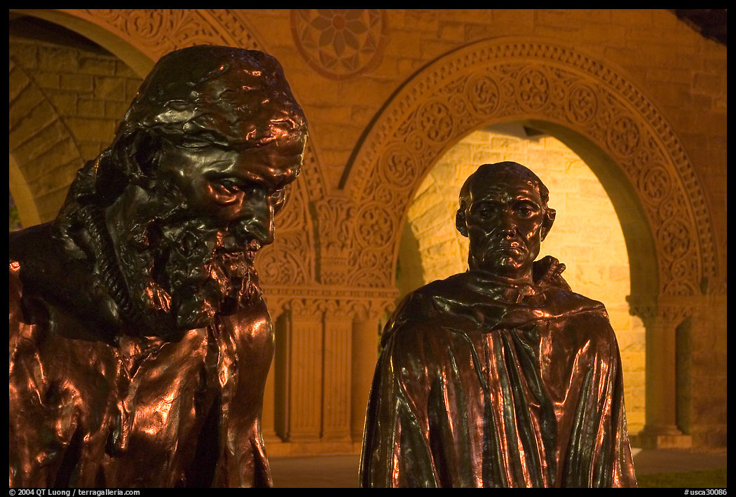 Burghers of Calais by Rodin in the Quad at night. Stanford University, SF Bay area, California, USA