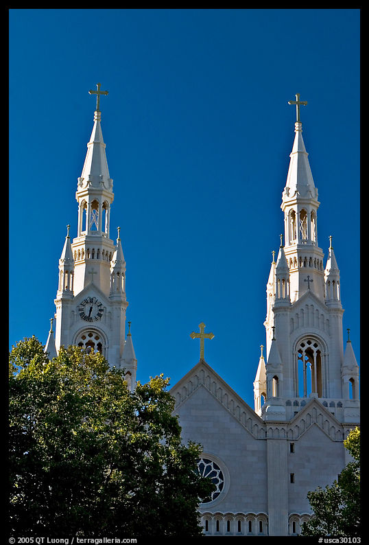 Towers of St Peter and Paul Church, 1922-1939, Washington Square, late afternoon. San Francisco, California, USA