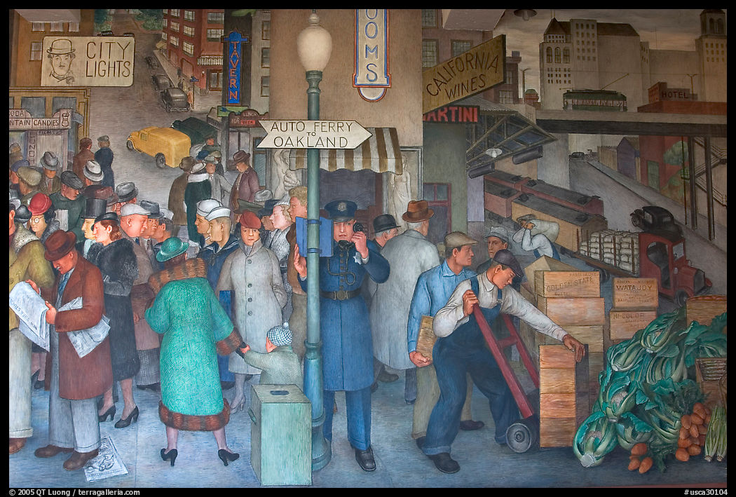 Street scene in depression-area fresco inside Coit Tower. San Francisco, California, USA