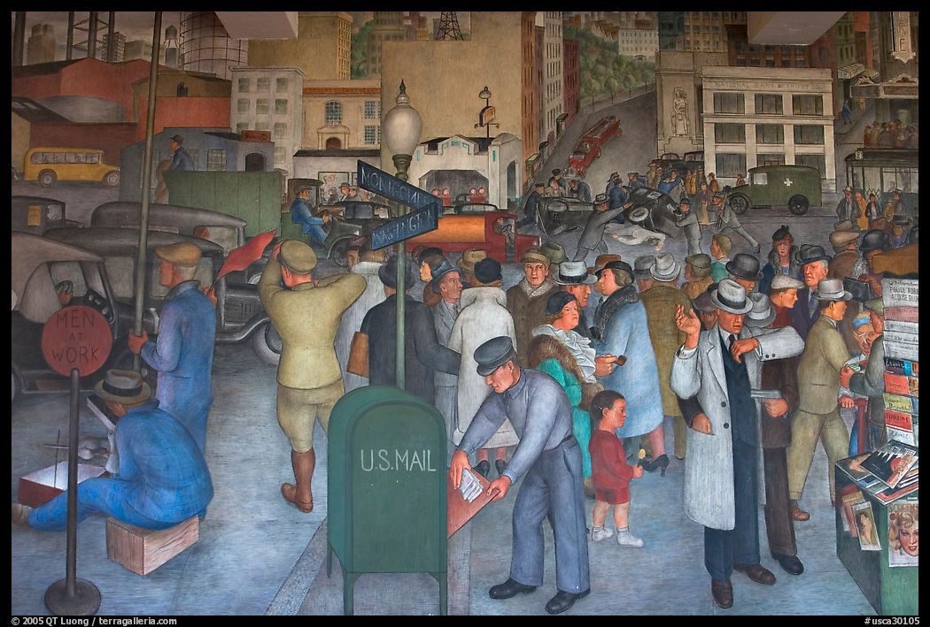 Detail of fresco showing a robbery in progress, Coit Tower. San Francisco, California, USA