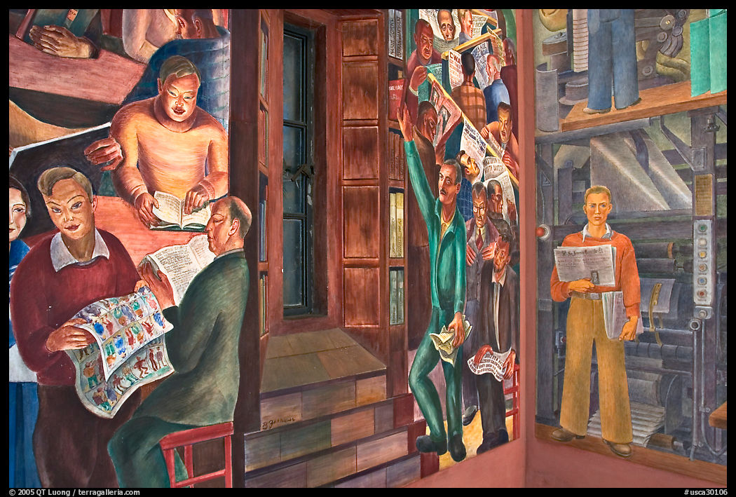 Frescos and window inside Coit Tower. San Francisco, California, USA