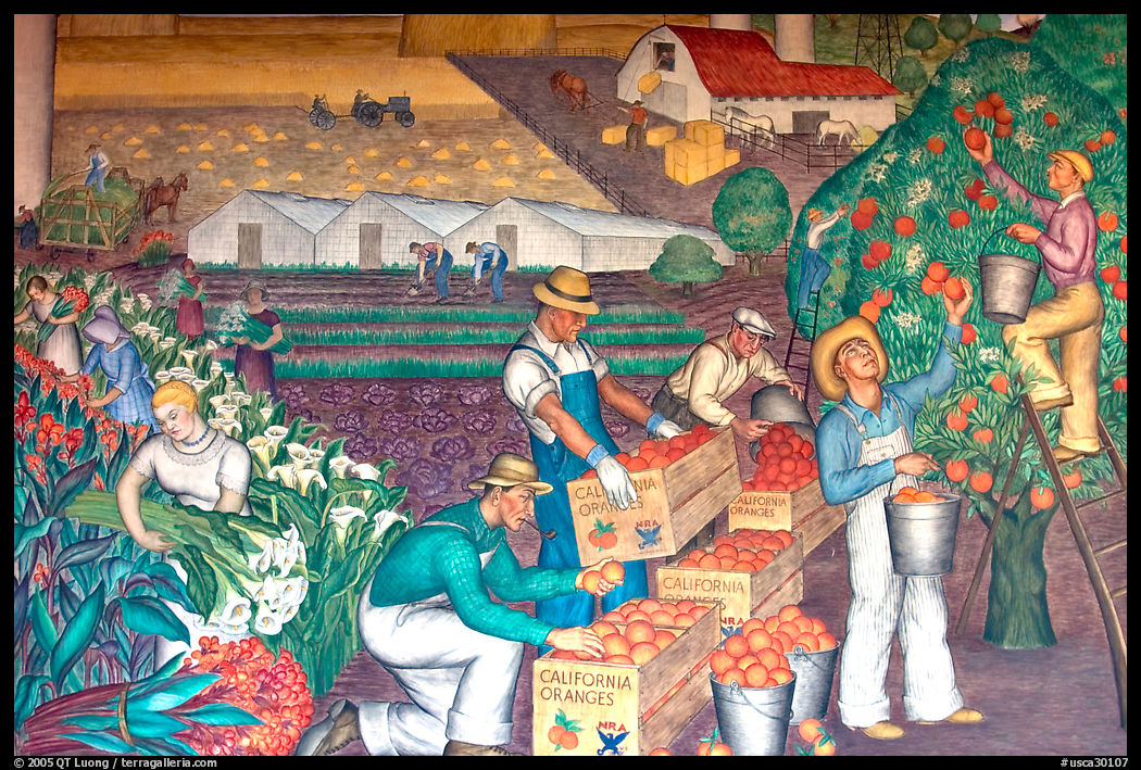 Agricultural scene depicted in a fresco inside Coit Tower. San Francisco, California, USA