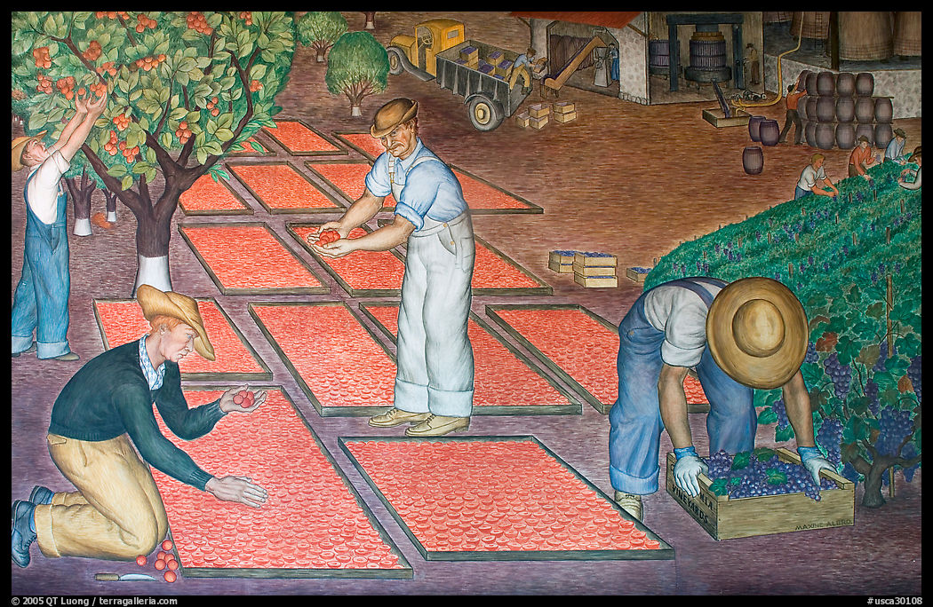Harvest scene depicted in a fresco inside Coit Tower. San Francisco, California, USA