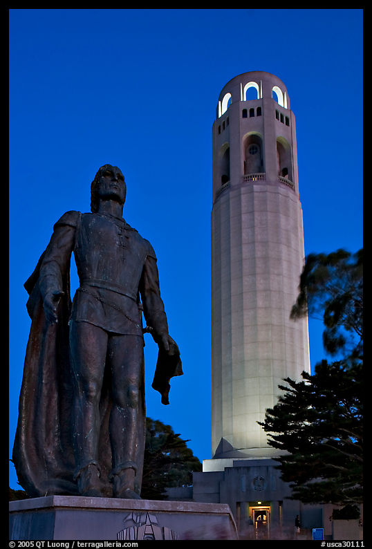 Columbus statue and Coit Tower, dusk. San Francisco, California, USA