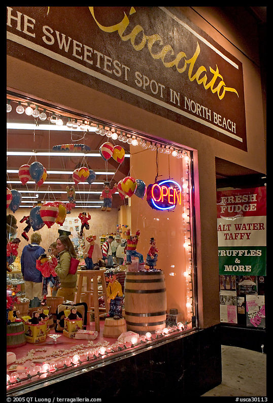 Chocolate store on Columbus Avenue at night, North Beach. San Francisco, California, USA