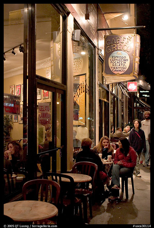 Cafe on Columbus Avenue at night, North Beach. San Francisco, California, USA