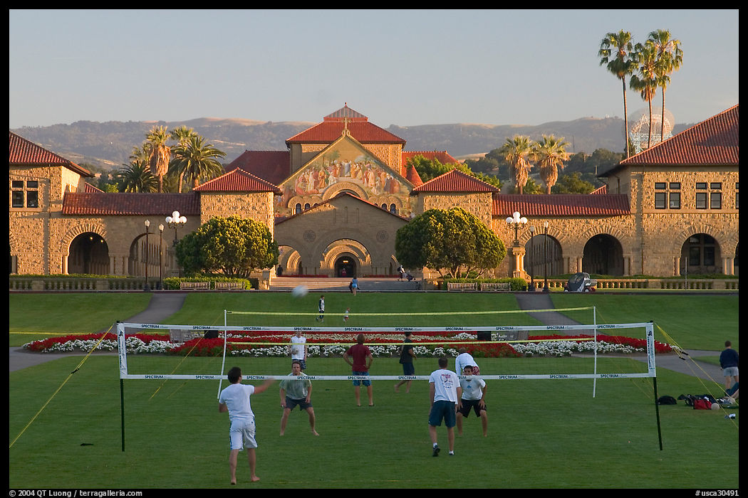 Volley-ball players in front of the Quad, late afternoon. Stanford University, SF Bay area, California, USA