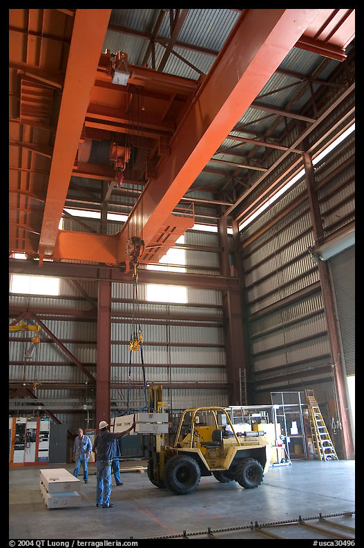 Equipment lifted in the hangar of the Stanford Linear Accelerator. Stanford University, SF Bay area, California, USA