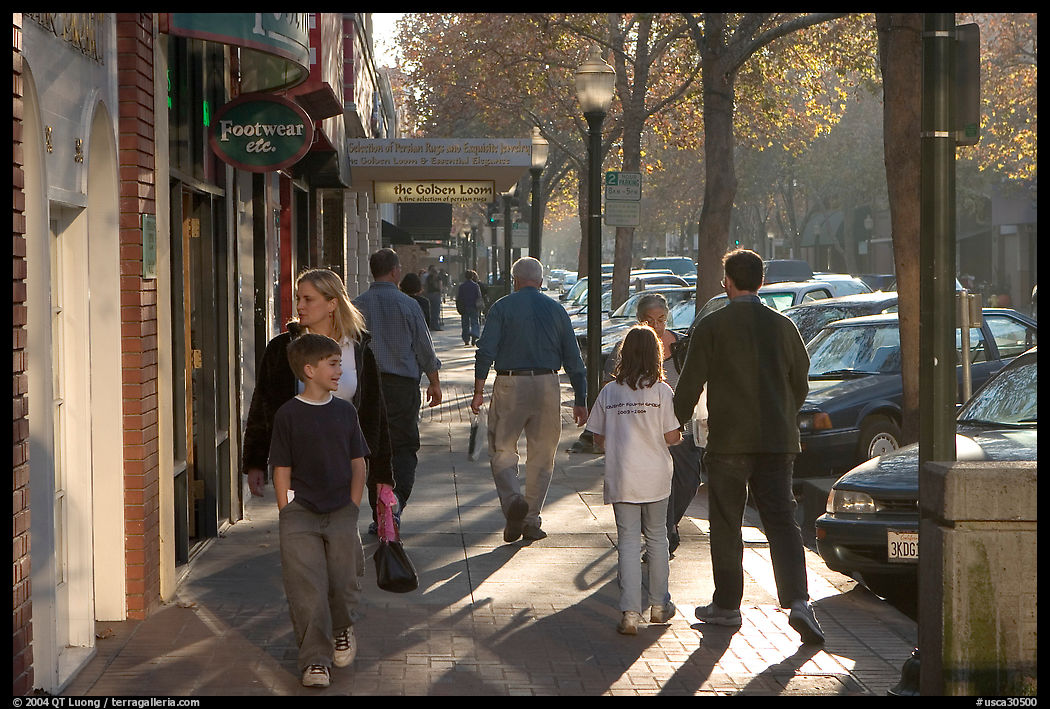University avenue in fall, late afternoon. Palo Alto, SF Bay area, California, USA