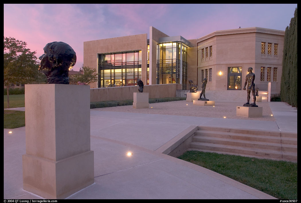 Rodin sculpture garden and Cantor Center for Visual Arts, sunset. Stanford University, SF Bay area, California, USA