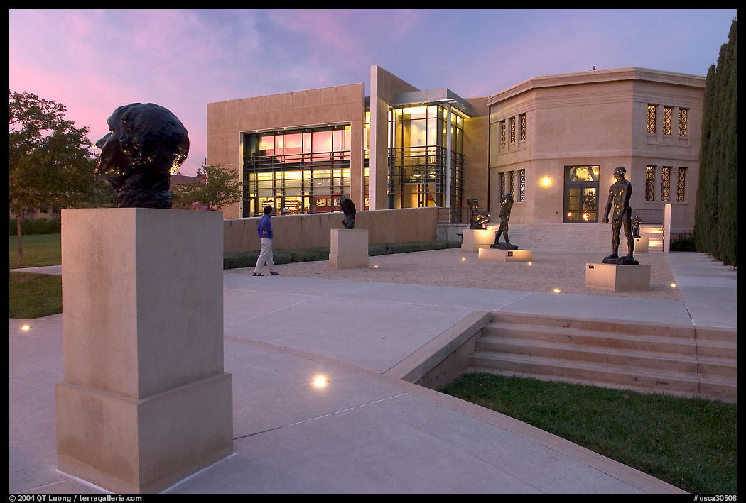 Rodin sculpture garden and Cantor Center for Visual Arts with one visitor. Stanford University, SF Bay area, California, USA