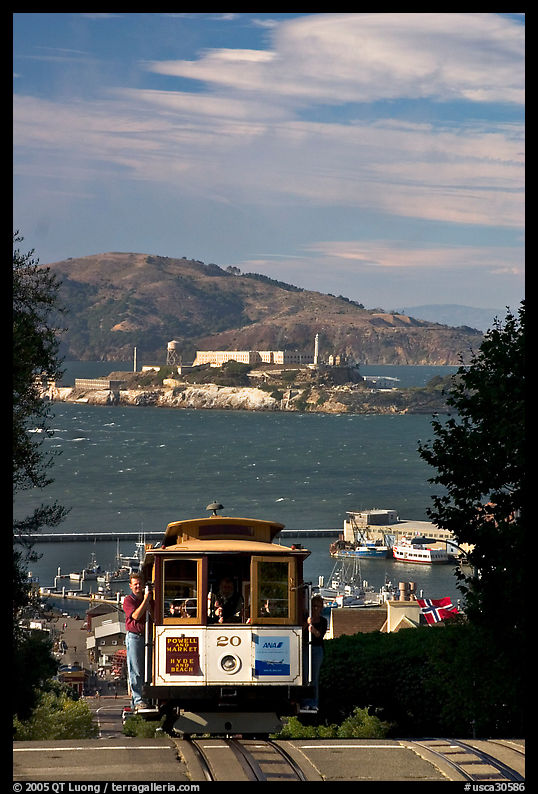 Cable car and Alcatraz Island, late afternoon. San Francisco, California, USA