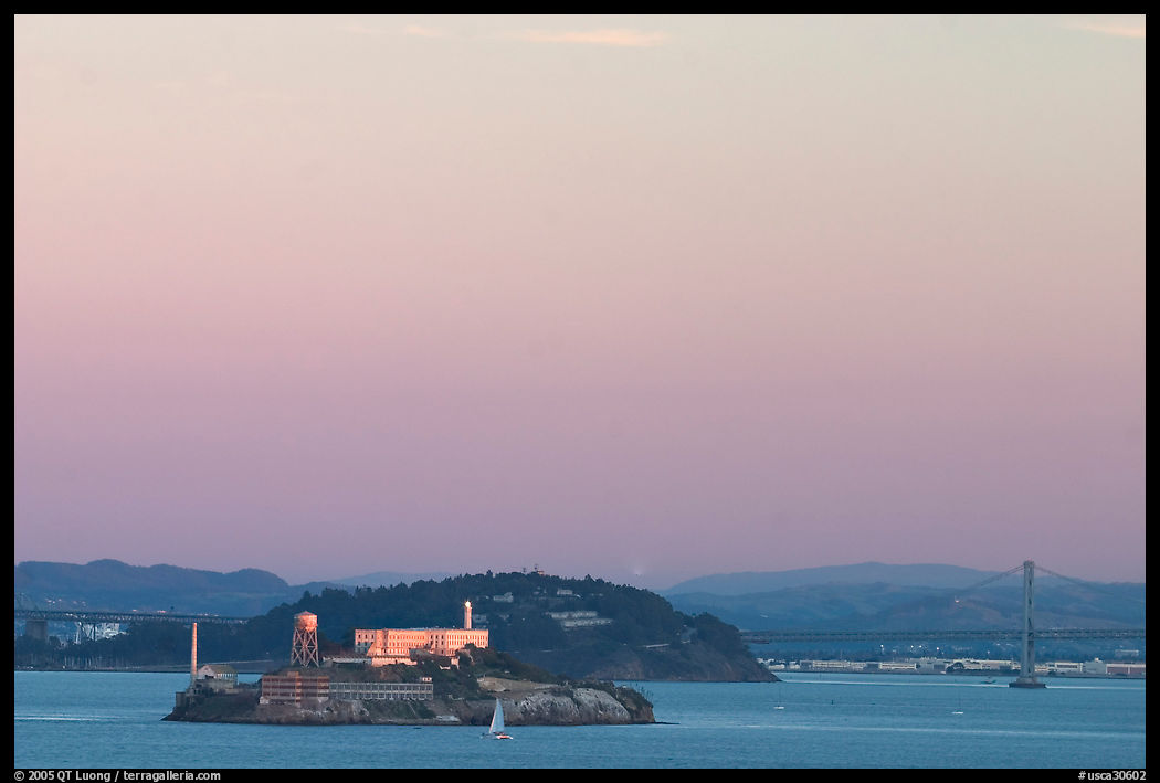 Alcatraz Island,  Yerba Buena Island, and Bay Bridge, sunset. San Francisco, California, USA
