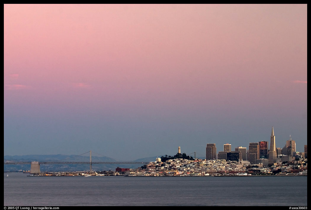 City and Bay Bridge, Sunset. San Francisco, California, USA