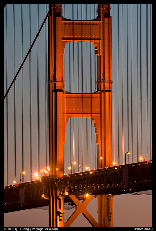 Golden Gate Bridge pillar at night. San Francisco, California, USA