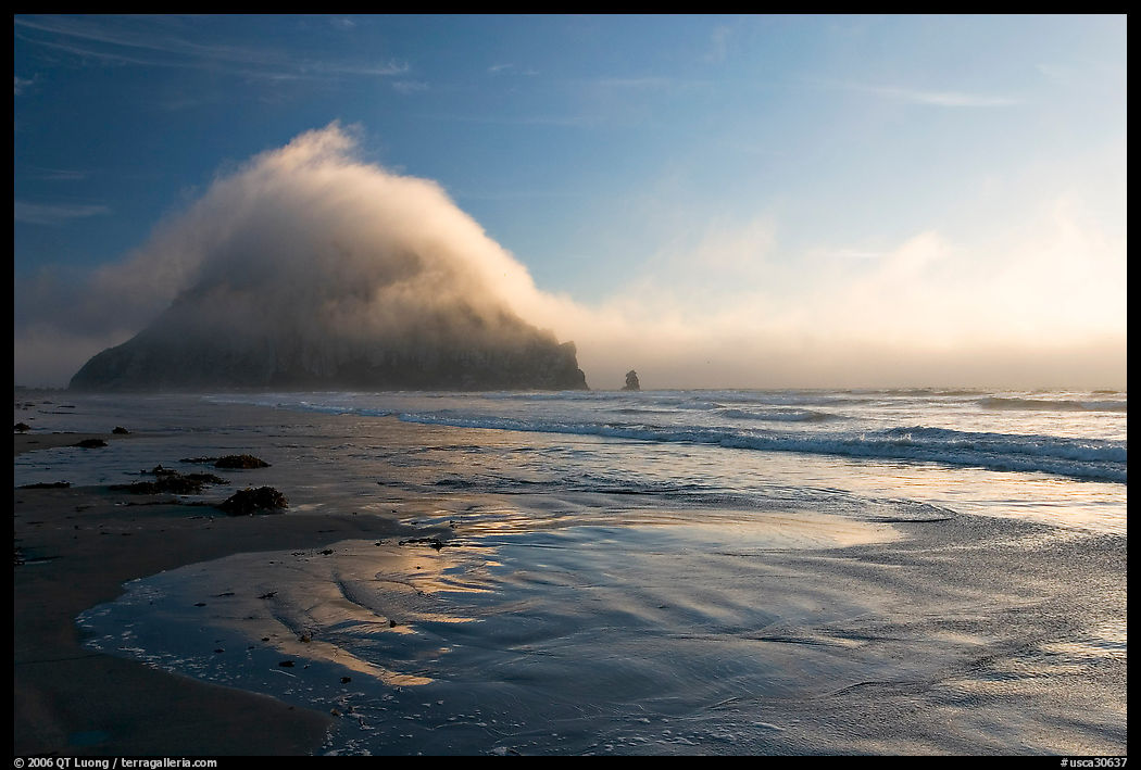 Morro Rock and fog reflected on beach. Morro Bay, USA