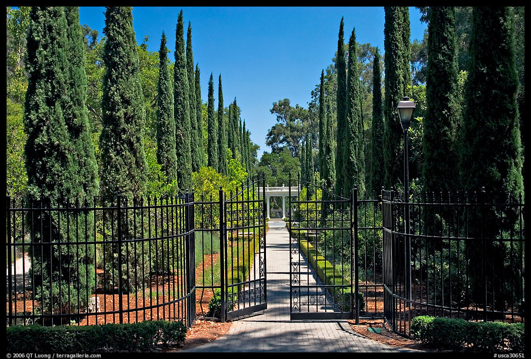 Gates, cypress and path, Villa Montalvo, Saratoga. SF Bay area, California, USA