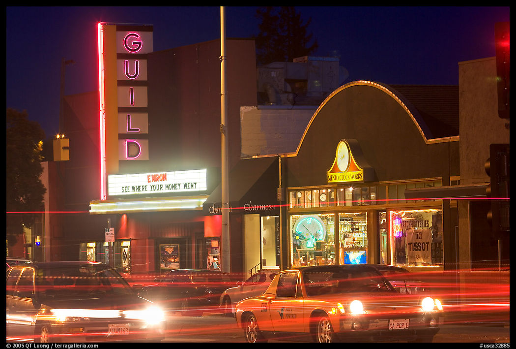 El Camino Real at night, with movie theater and Menlo Clock Works. Menlo Park, SF Bay area, California, USA