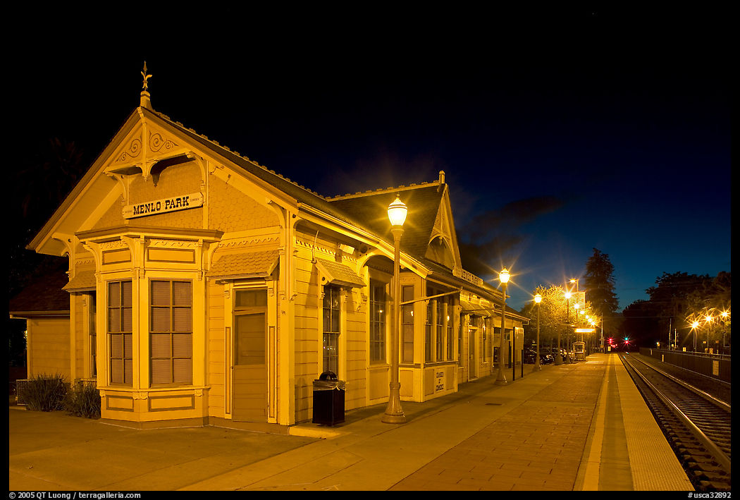 Train station (oldest in California) at night. Menlo Park, SF Bay area, California, USA
