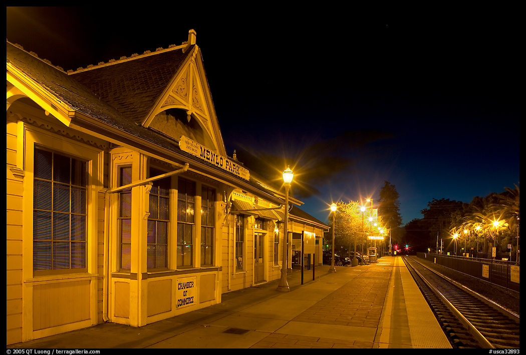 Train station (oldest in California) at night. Menlo Park, SF Bay area, California, USA