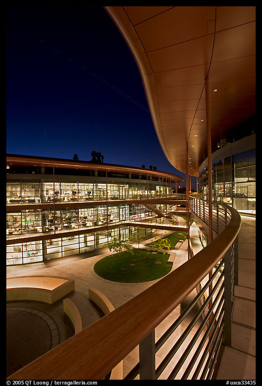 Newly constructed James Clark Center for research in biology, night. Stanford University, SF Bay area, California, USA