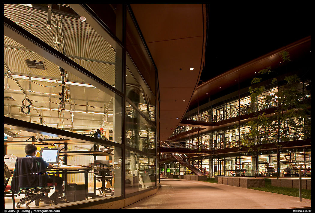 Exposed laboratories in the James Clark Center at night. Stanford University, SF Bay area, California, USA