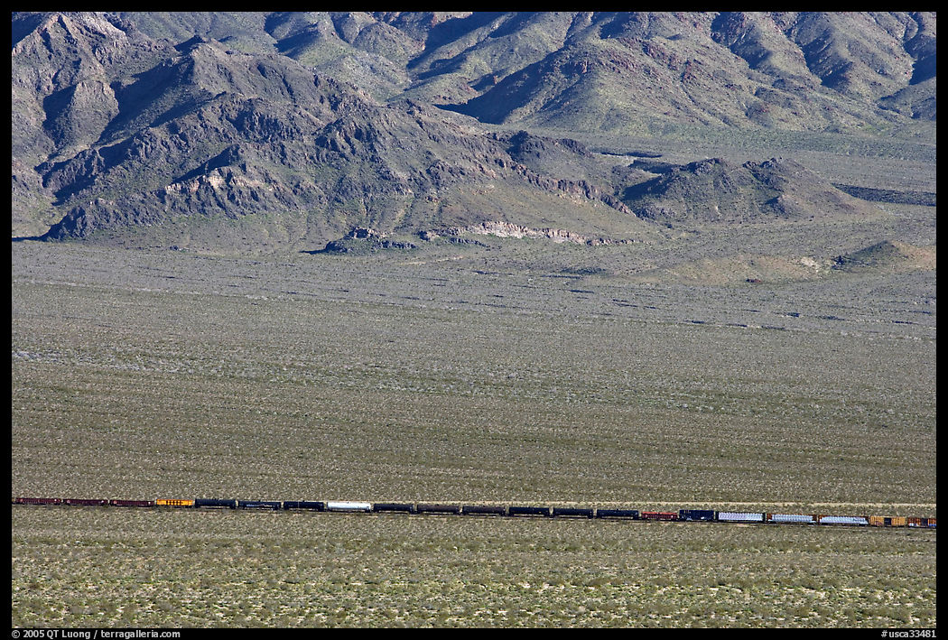Freight train in a desert valley. Mojave National Preserve, California, USA