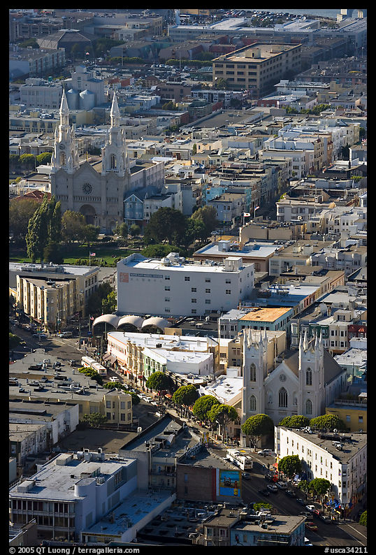 North Beach and Columbus Avenue from above, late afteroon. San Francisco, California, USA