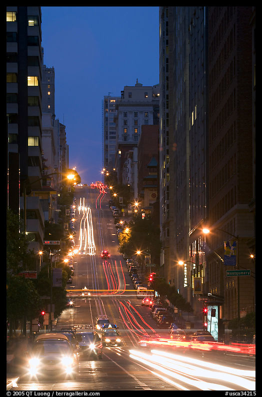Steep street and lights at dusk. San Francisco, California, USA
