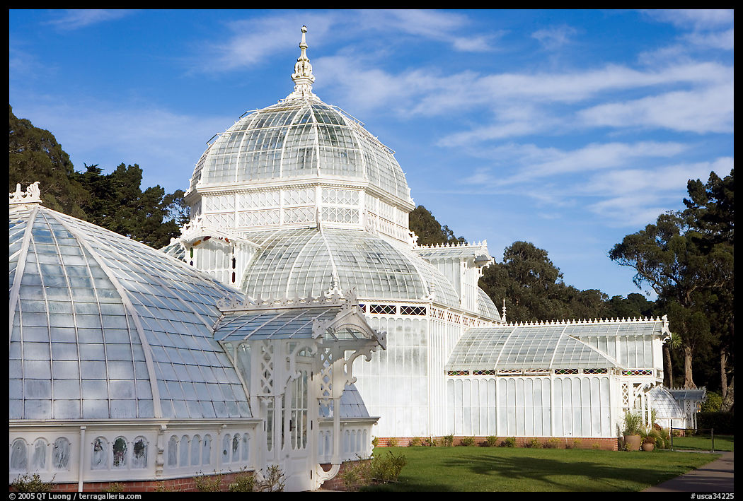 Side view of the Conservatory of Flowers, whitewashed to avoid heat absorption. San Francisco, California, USA