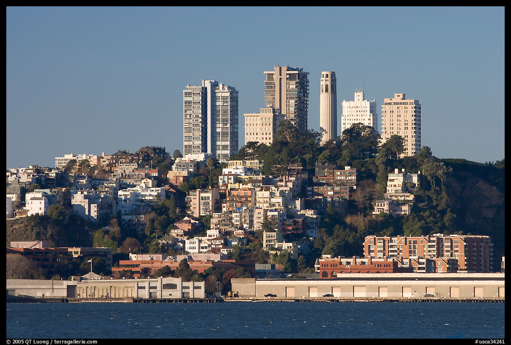 Telegraph Hill and Coit Tower seen from Treasure Island, early morning. San Francisco, California, USA