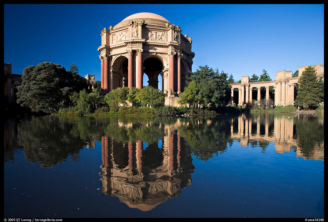 Palace of Fine Arts reflected in lagoon, morning. San Francisco, California, USA