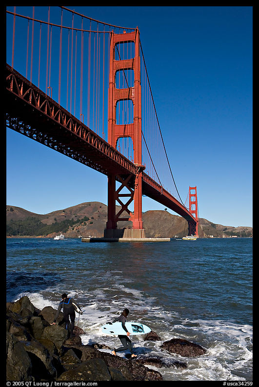 Surfers below the Golden Gate Bridge. San Francisco, California, USA